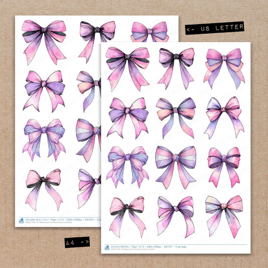 A4 and US Letter format comparison showing Watercolour Pink Bow fussy cut pages for print and cut crafting