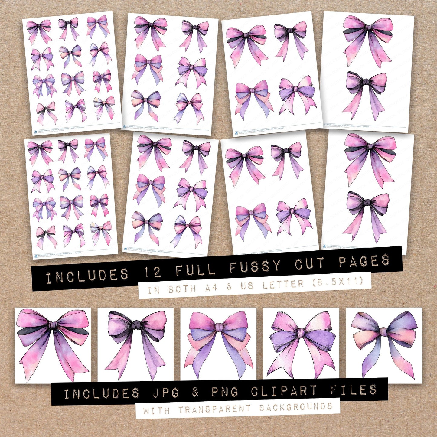 Full collection view of Watercolour Pink Bow fussy cut sheets with bonus clipart JPG and PNG files