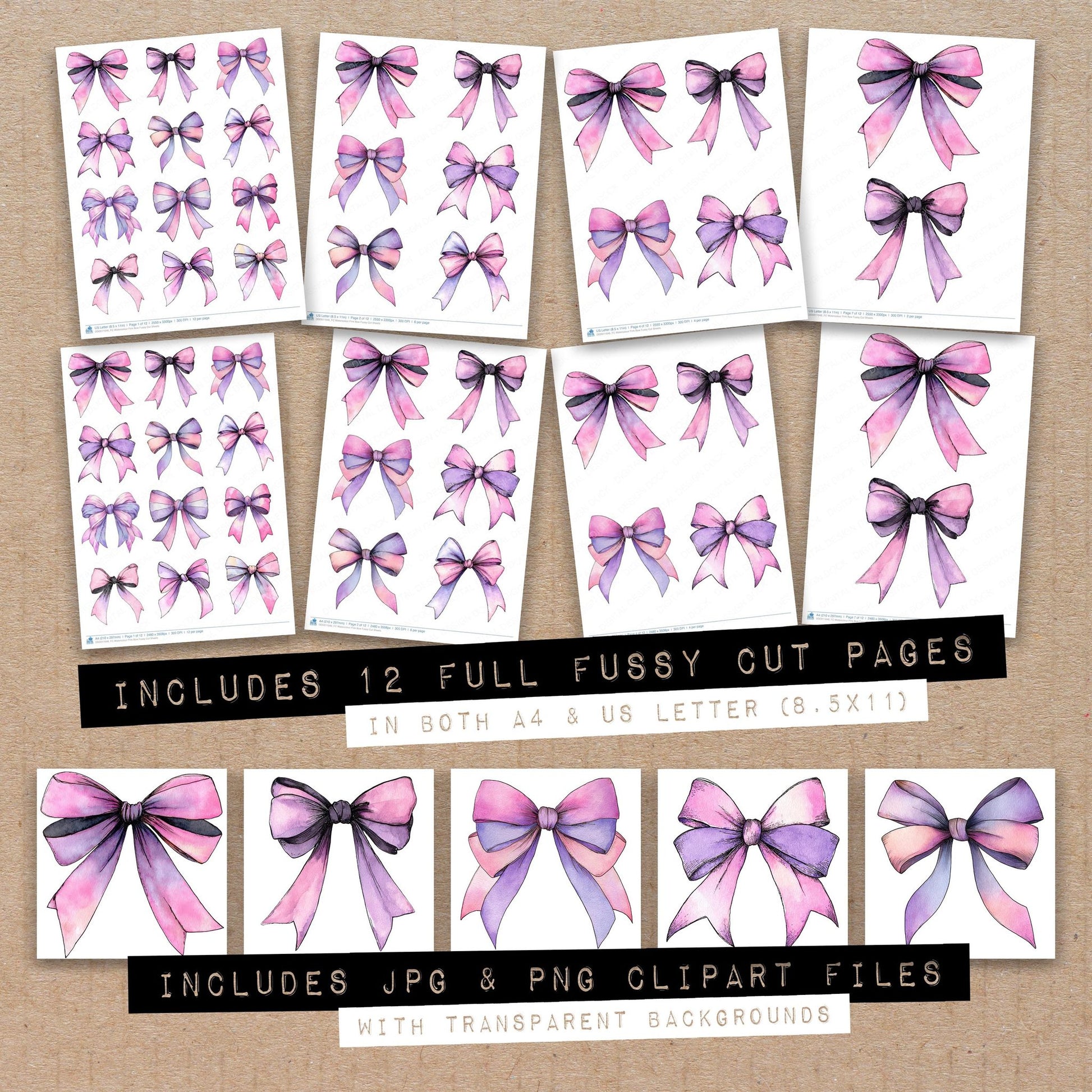 Full collection view of Watercolour Pink Bow fussy cut sheets with bonus clipart JPG and PNG files