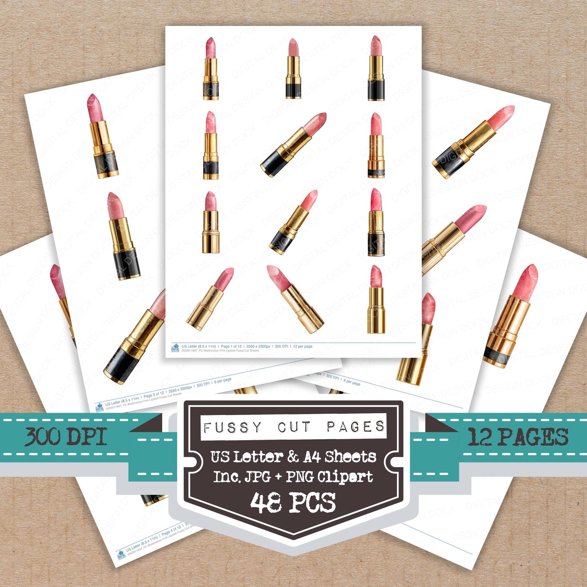 Watercolour Pink Lipstick fussy cut printable sheets for junk journaling, scrapbooking, and paper craft projects