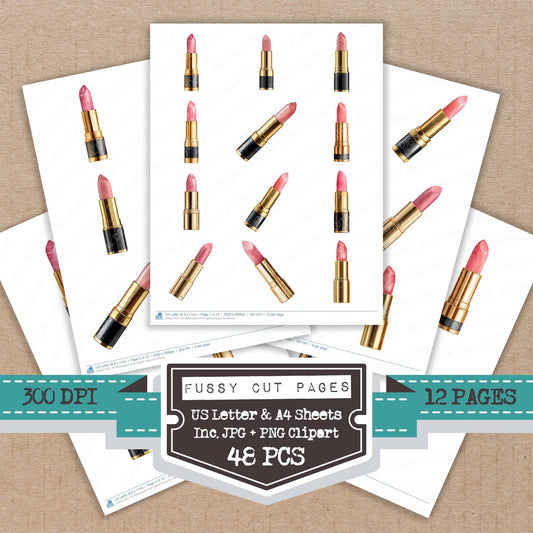 Watercolour Pink Lipstick fussy cut printable sheets for junk journaling, scrapbooking, and paper craft projects