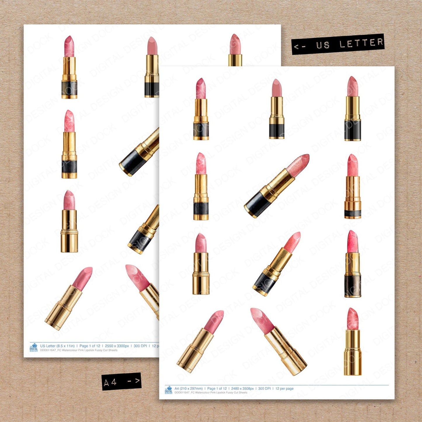 A4 and US Letter format comparison showing Watercolour Pink Lipstick fussy cut pages for print and cut crafting