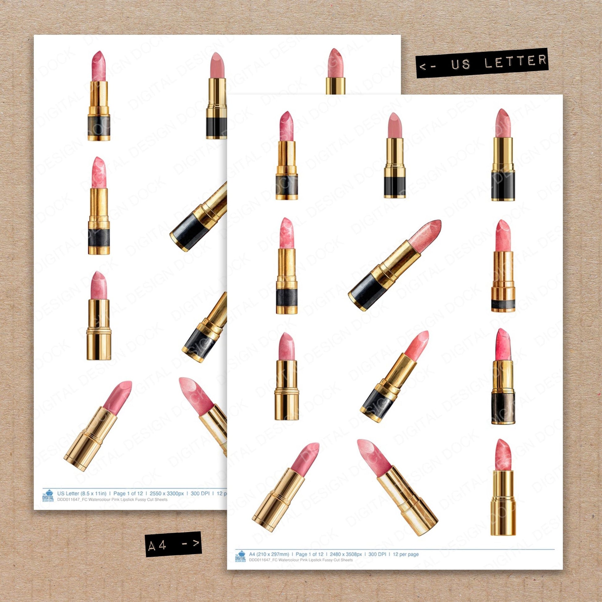 A4 and US Letter format comparison showing Watercolour Pink Lipstick fussy cut pages for print and cut crafting
