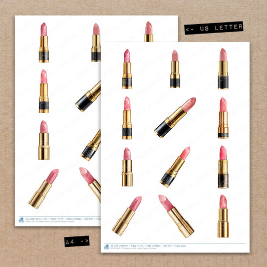 A4 and US Letter format comparison showing Watercolour Pink Lipstick fussy cut pages for print and cut crafting