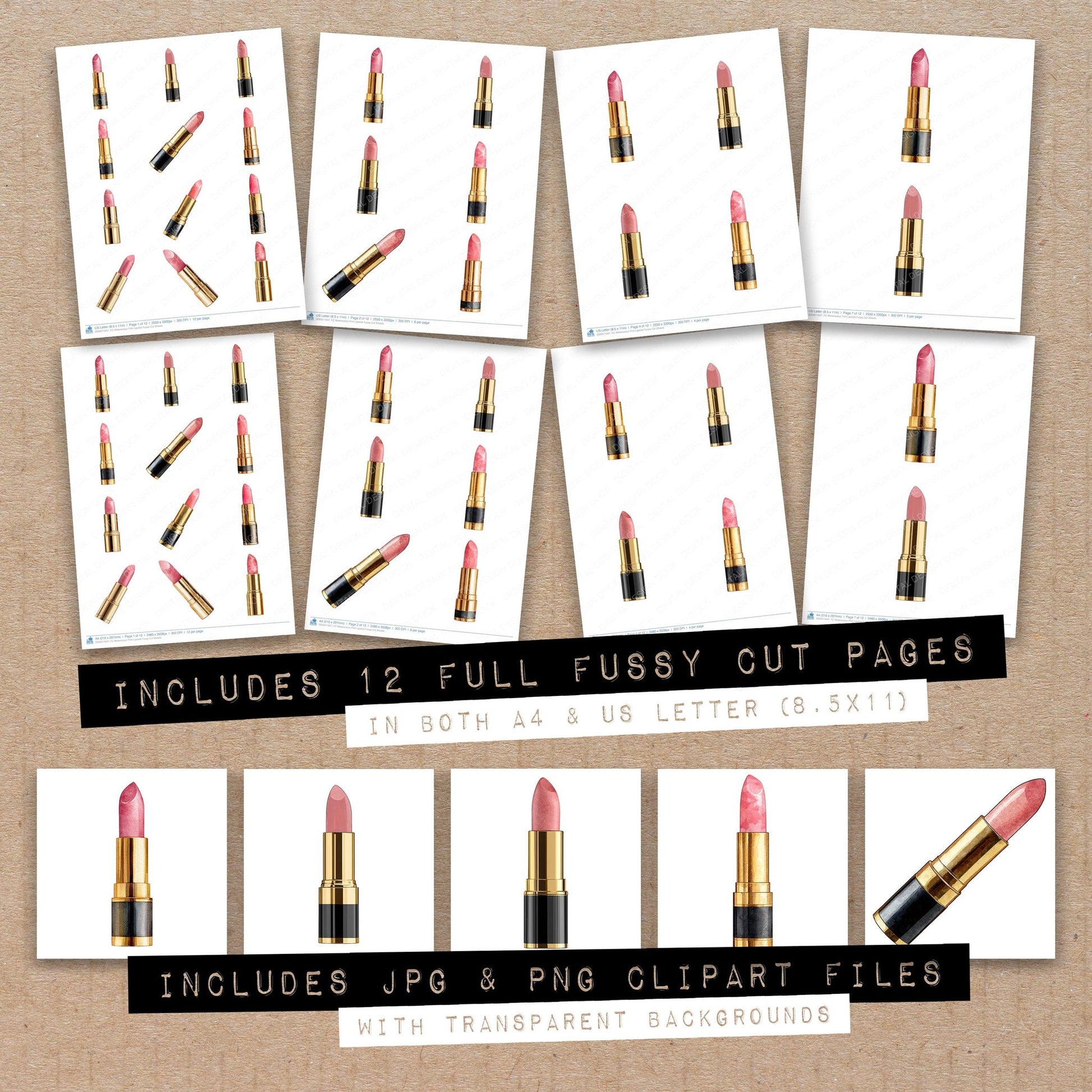Full collection view of Watercolour Pink Lipstick fussy cut sheets with bonus clipart JPG and PNG files