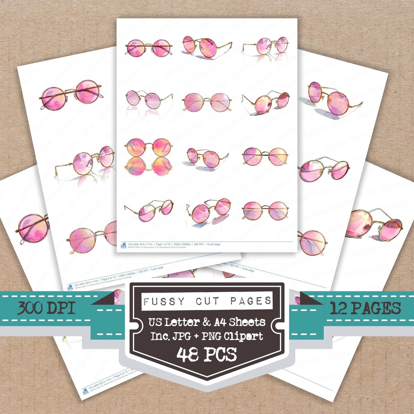 Watercolour Pink Sunglasses Fussy Cut Sheets (DDD011648)