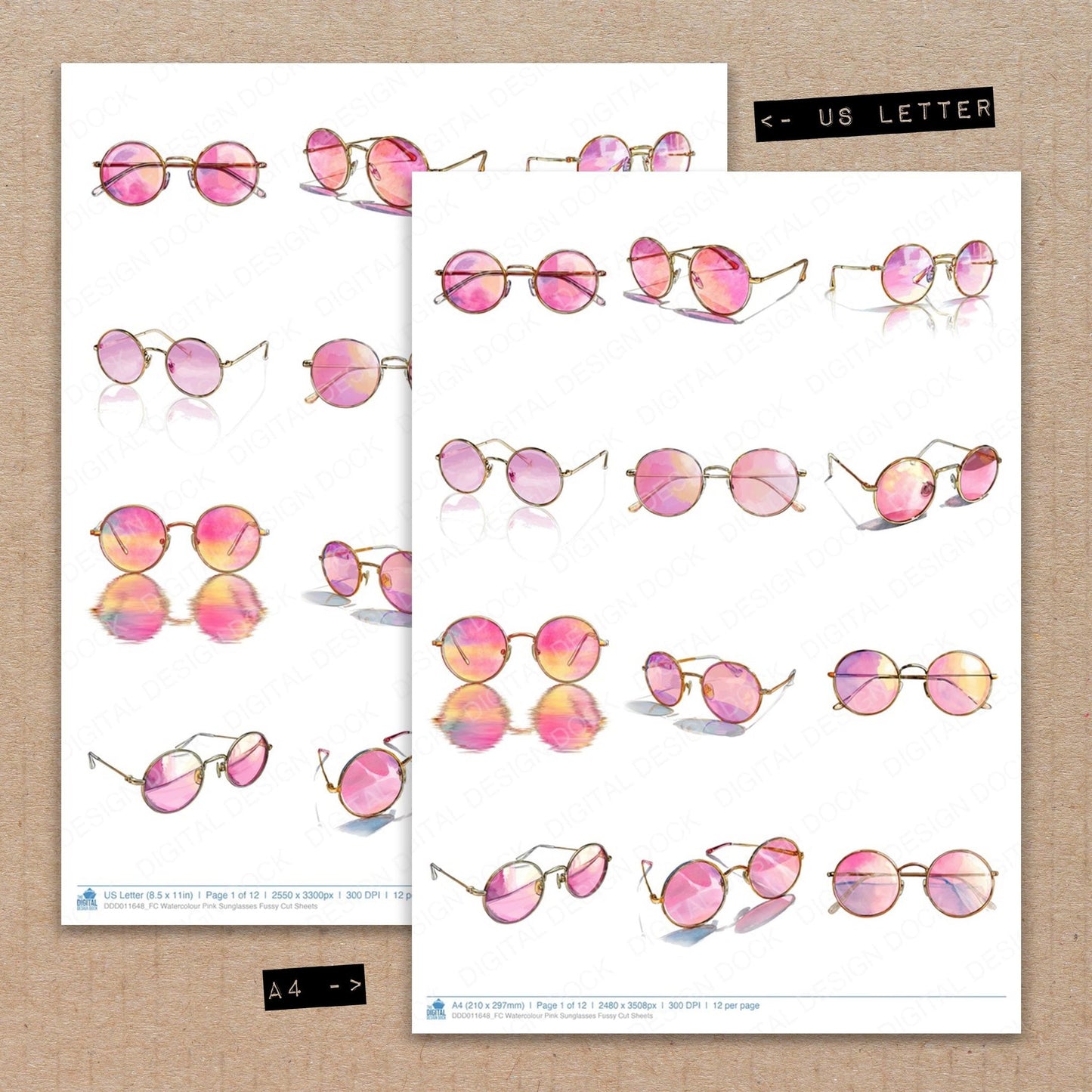 Watercolour Pink Sunglasses Fussy Cut Sheets (DDD011648)