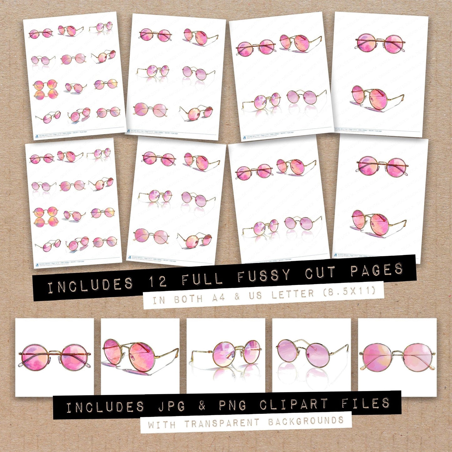 Watercolour Pink Sunglasses Fussy Cut Sheets (DDD011648)