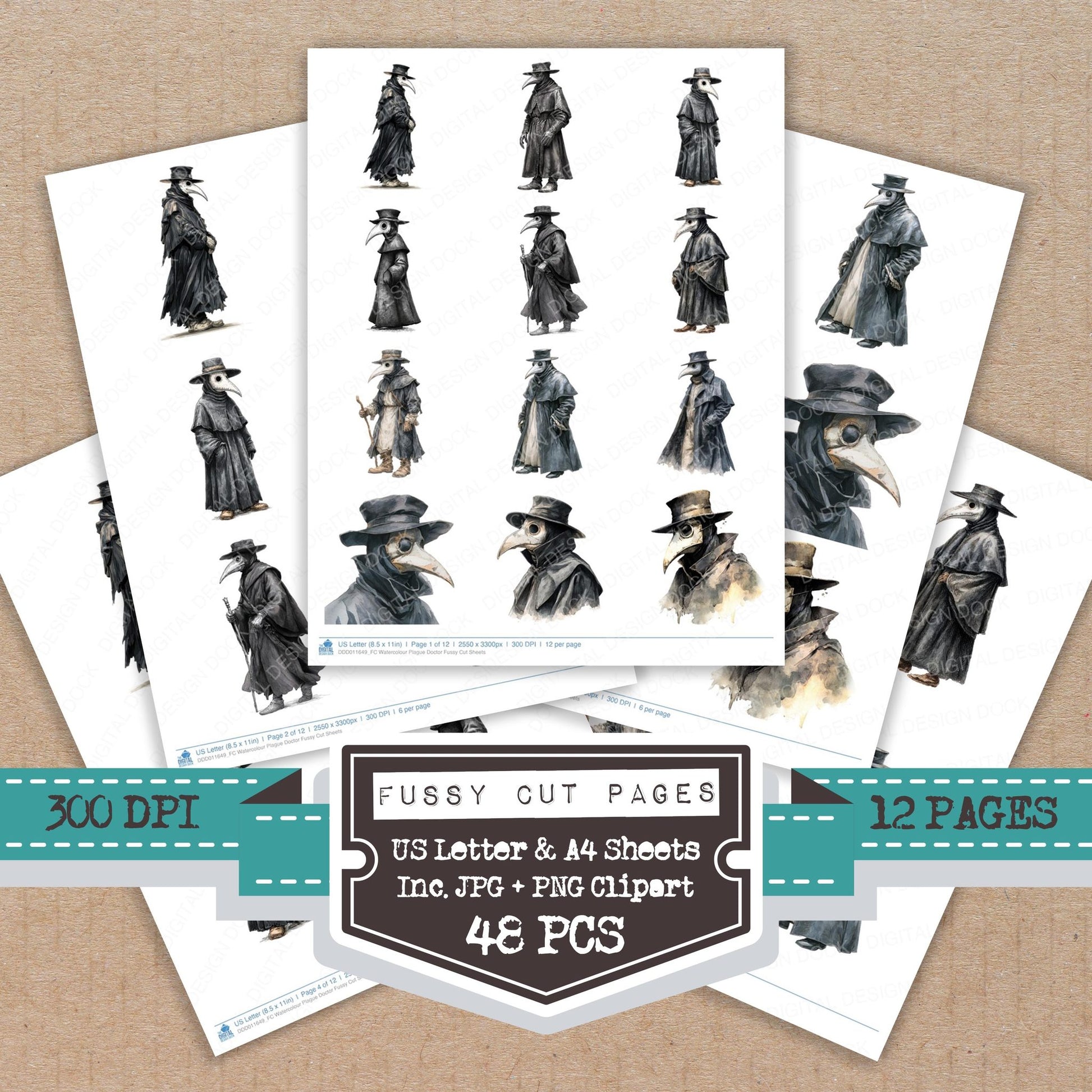 Watercolour Plague Doctor fussy cut printable sheets for junk journaling, scrapbooking, and paper craft projects