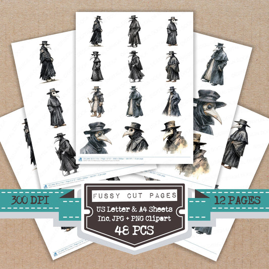 Watercolour Plague Doctor fussy cut printable sheets for junk journaling, scrapbooking, and paper craft projects