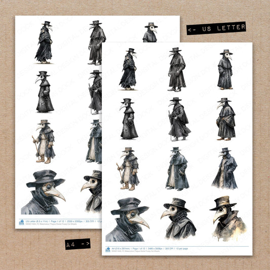 A4 and US Letter format comparison showing Watercolour Plague Doctor fussy cut pages for print and cut crafting