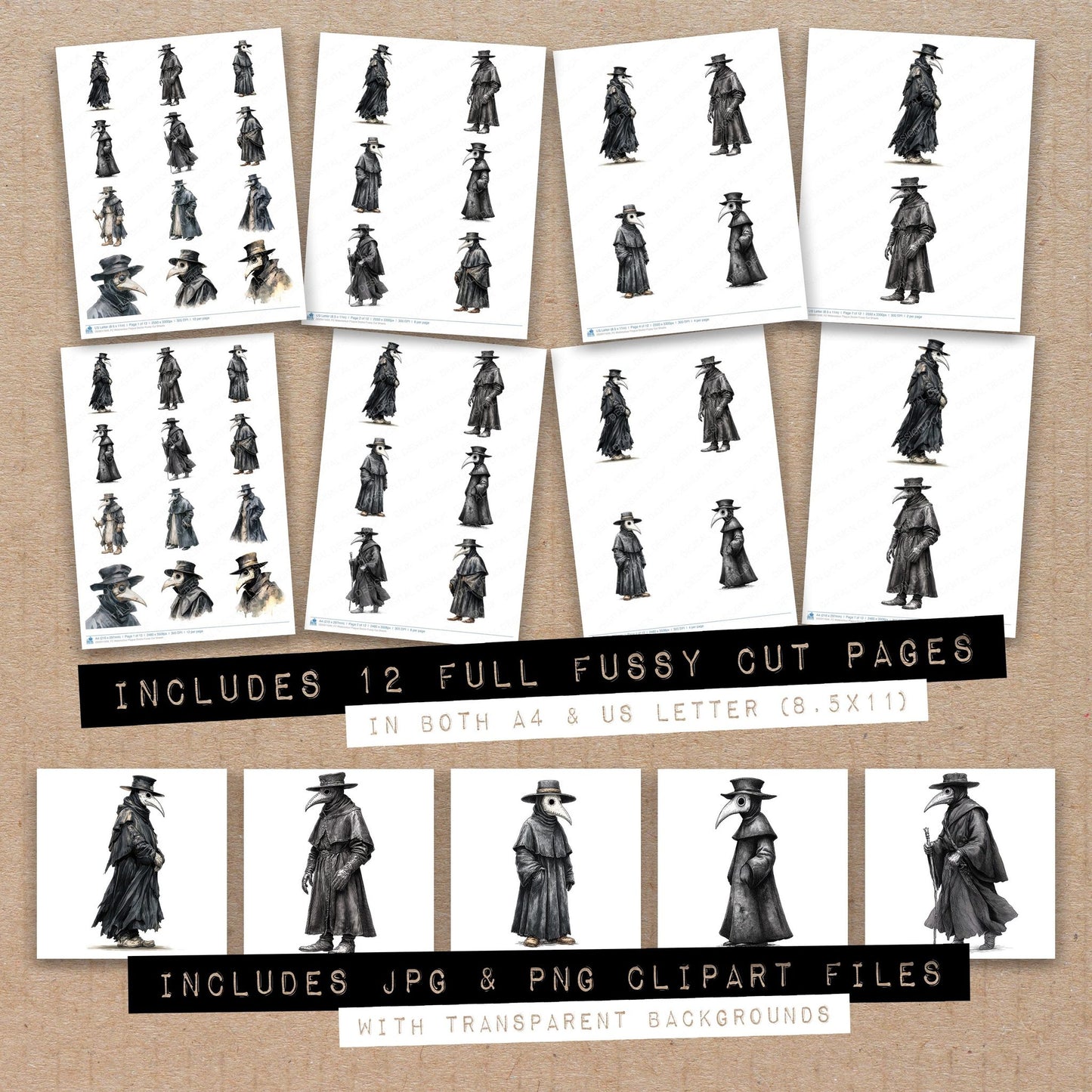 Full collection view of Watercolour Plague Doctor fussy cut sheets with bonus clipart JPG and PNG files