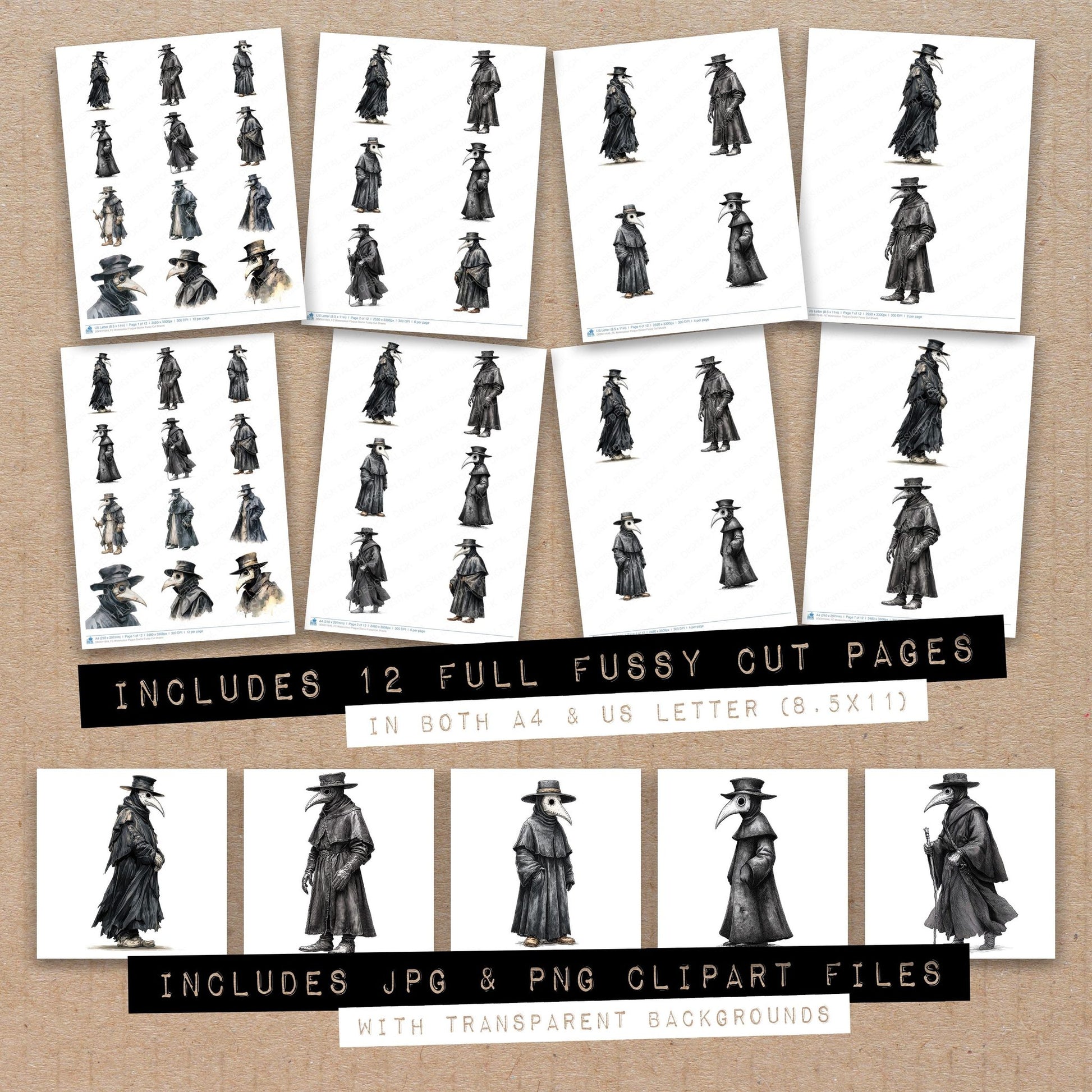 Full collection view of Watercolour Plague Doctor fussy cut sheets with bonus clipart JPG and PNG files
