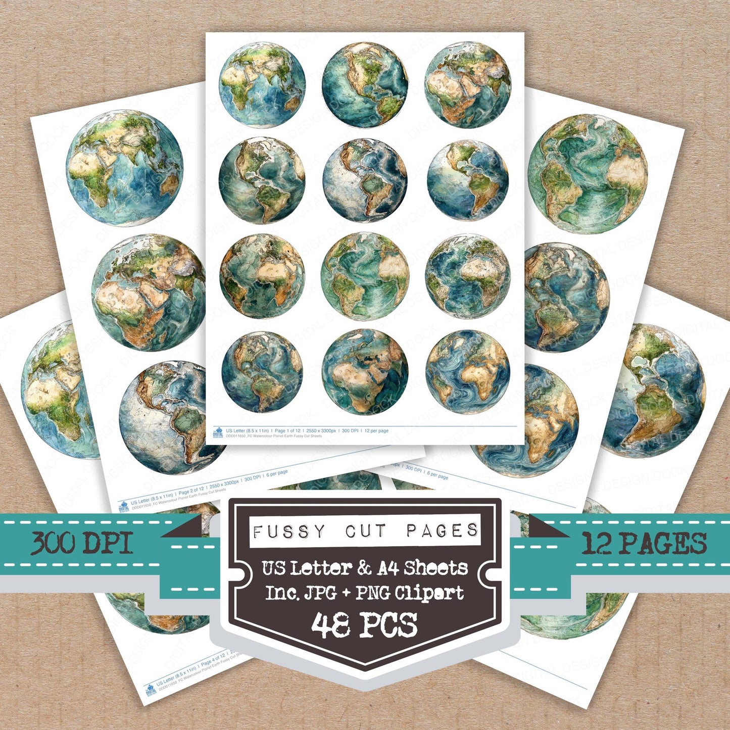 Watercolour Planet Earth fussy cut printable sheets for junk journaling, scrapbooking, and paper craft projects