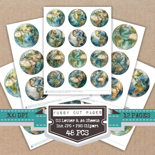 Watercolour Planet Earth fussy cut printable sheets for junk journaling, scrapbooking, and paper craft projects