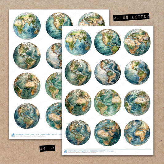 A4 and US Letter format comparison showing Watercolour Planet Earth fussy cut pages for print and cut crafting