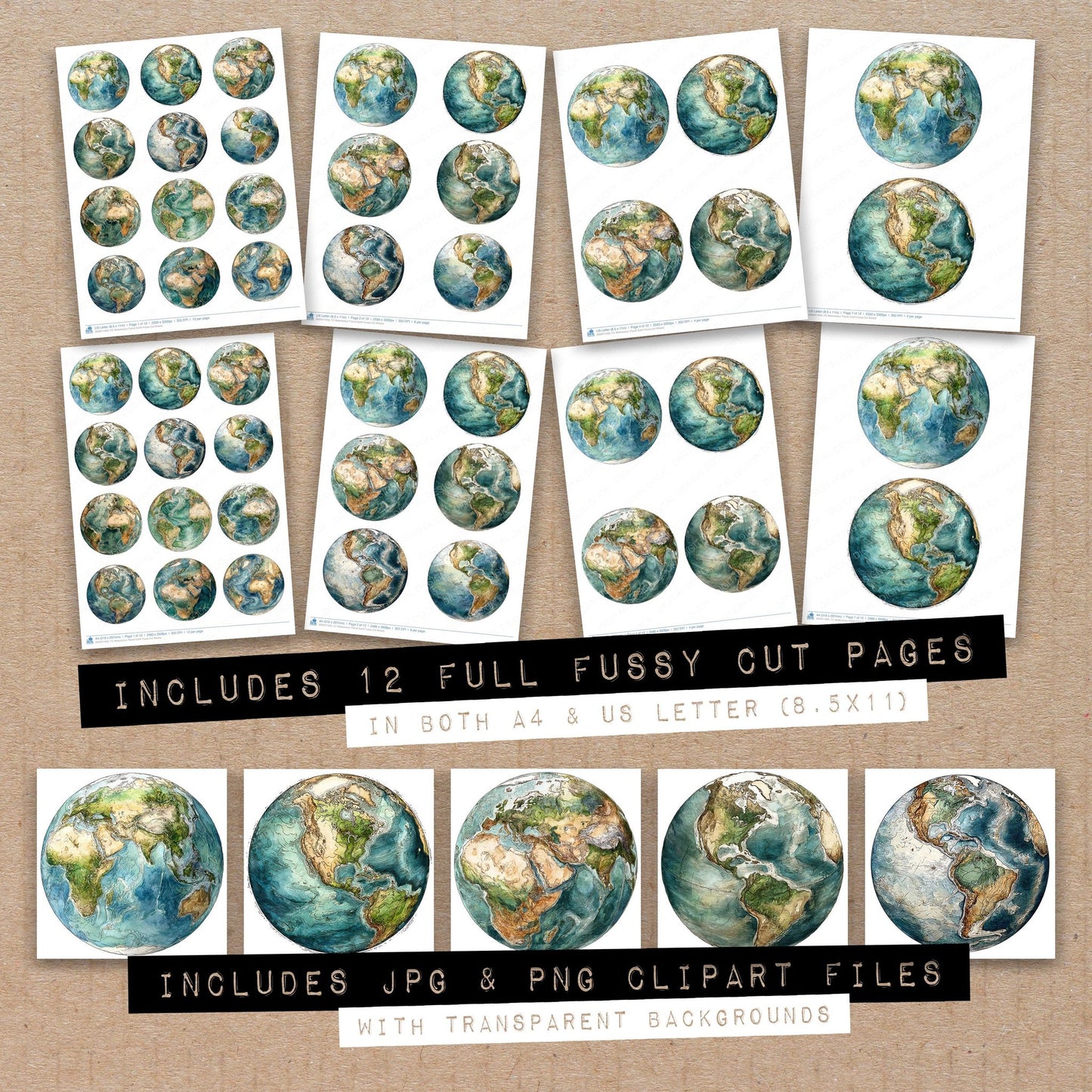 Full collection view of Watercolour Planet Earth fussy cut sheets with bonus clipart JPG and PNG files