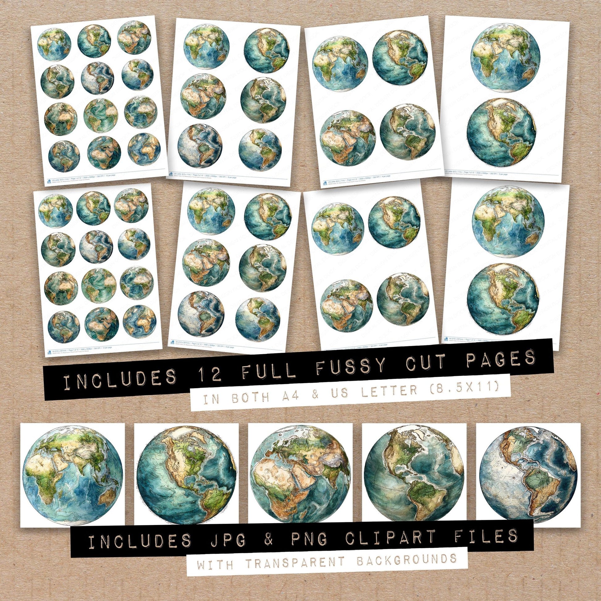 Full collection view of Watercolour Planet Earth fussy cut sheets with bonus clipart JPG and PNG files