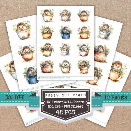 Watercolour Plantpot Baby Hedgehog fussy cut printable sheets for junk journaling, scrapbooking, and paper craft projects