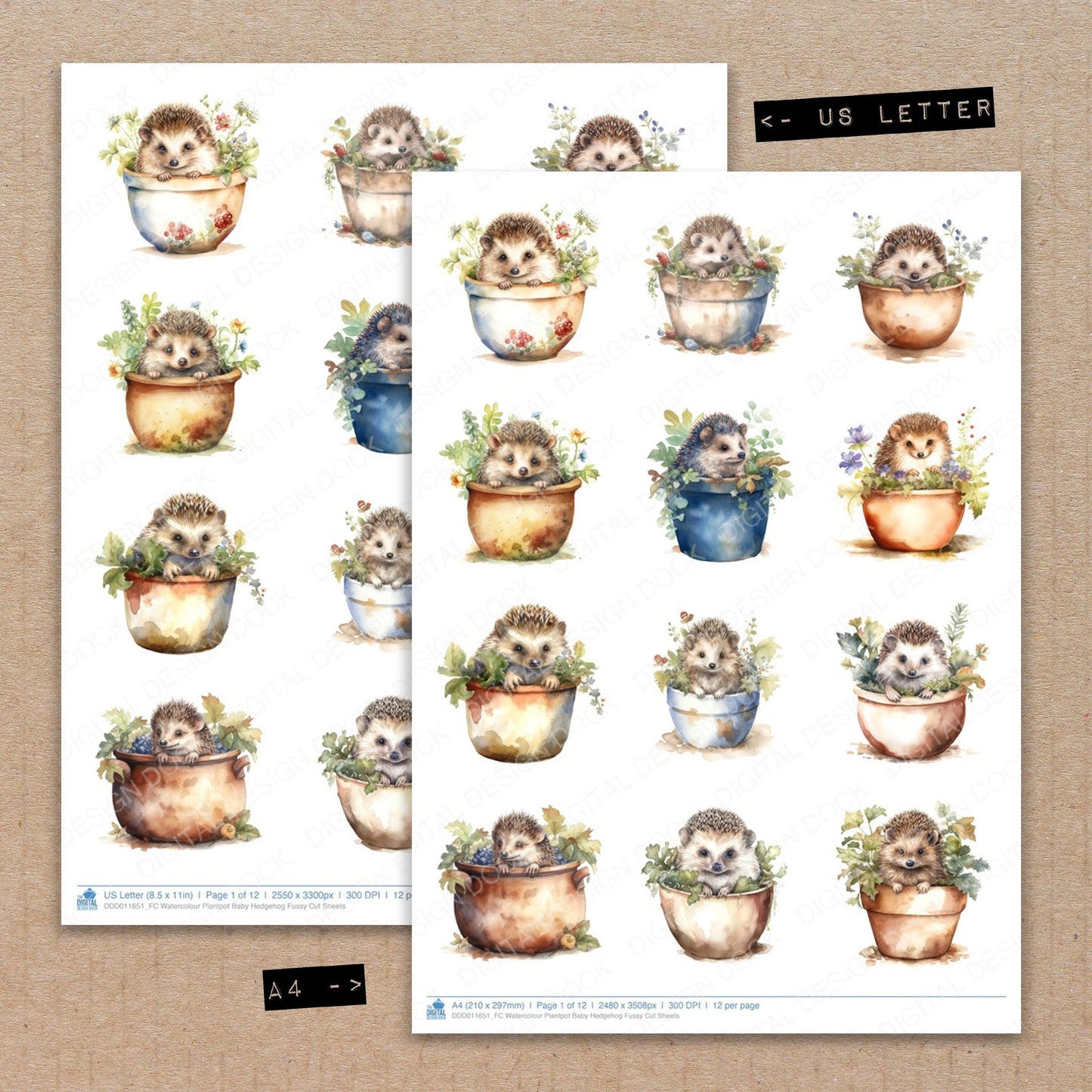 A4 and US Letter format comparison showing Watercolour Plantpot Baby Hedgehog fussy cut pages for print and cut crafting