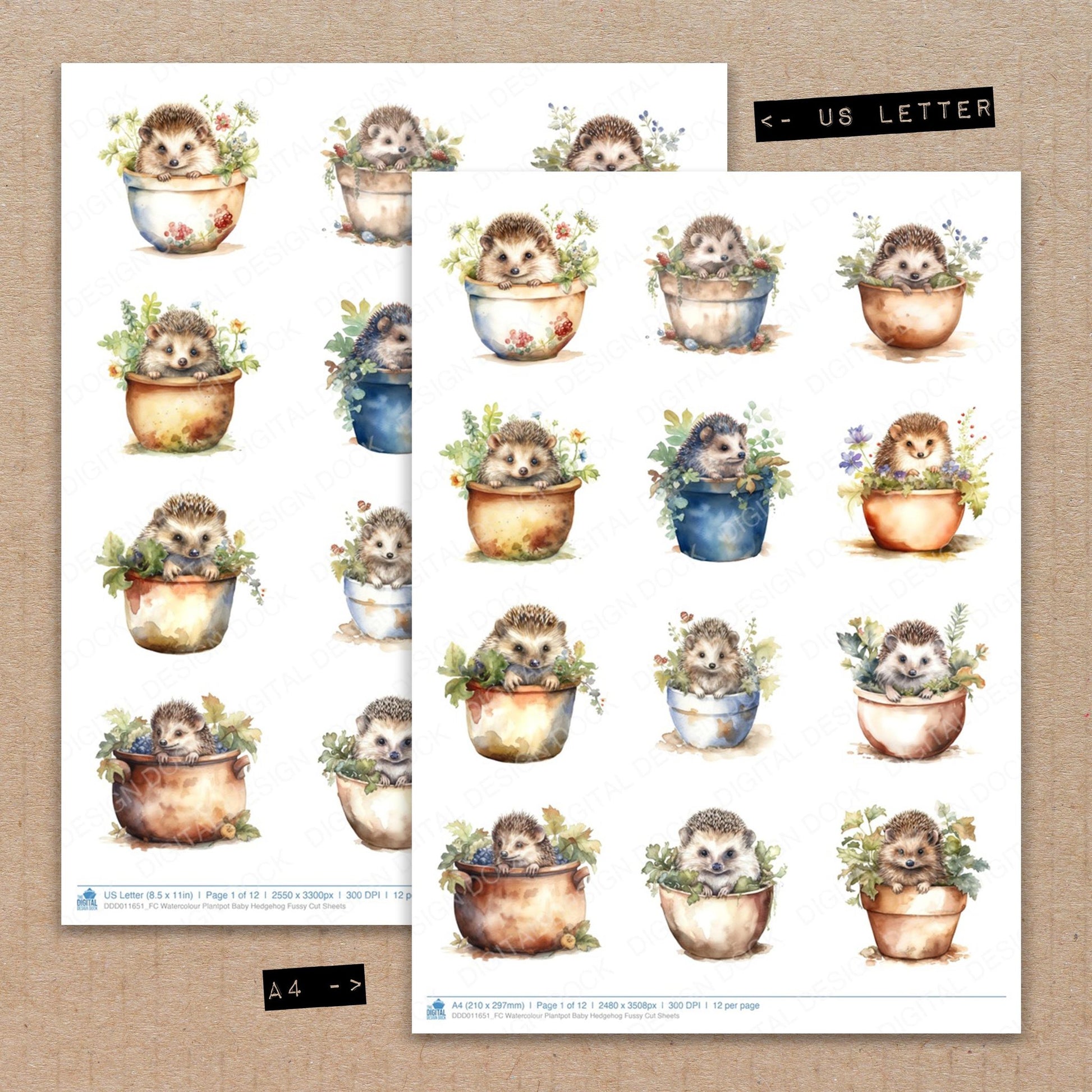 A4 and US Letter format comparison showing Watercolour Plantpot Baby Hedgehog fussy cut pages for print and cut crafting