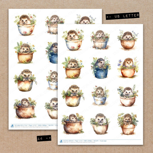 A4 and US Letter format comparison showing Watercolour Plantpot Baby Hedgehog fussy cut pages for print and cut crafting