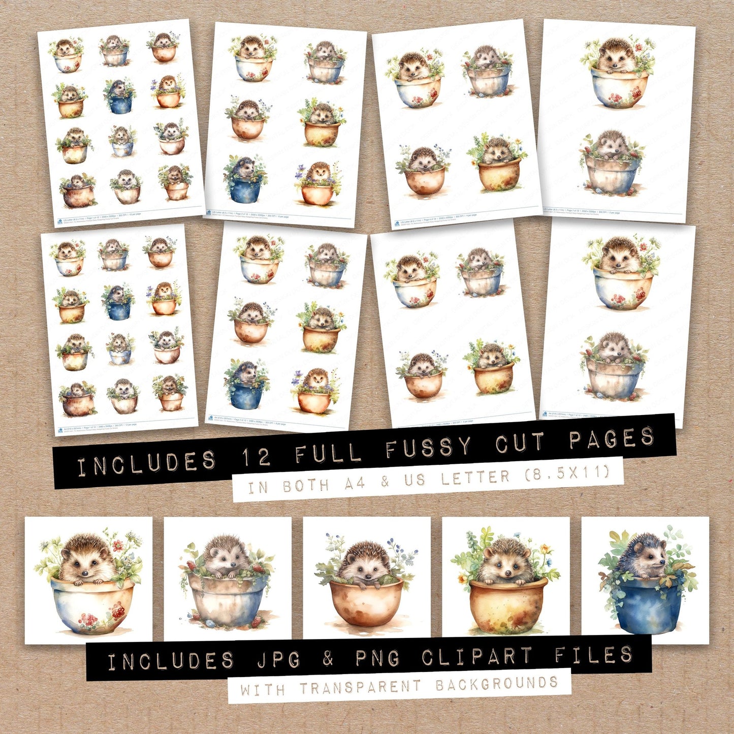 Full collection view of Watercolour Plantpot Baby Hedgehog fussy cut sheets with bonus clipart JPG and PNG files
