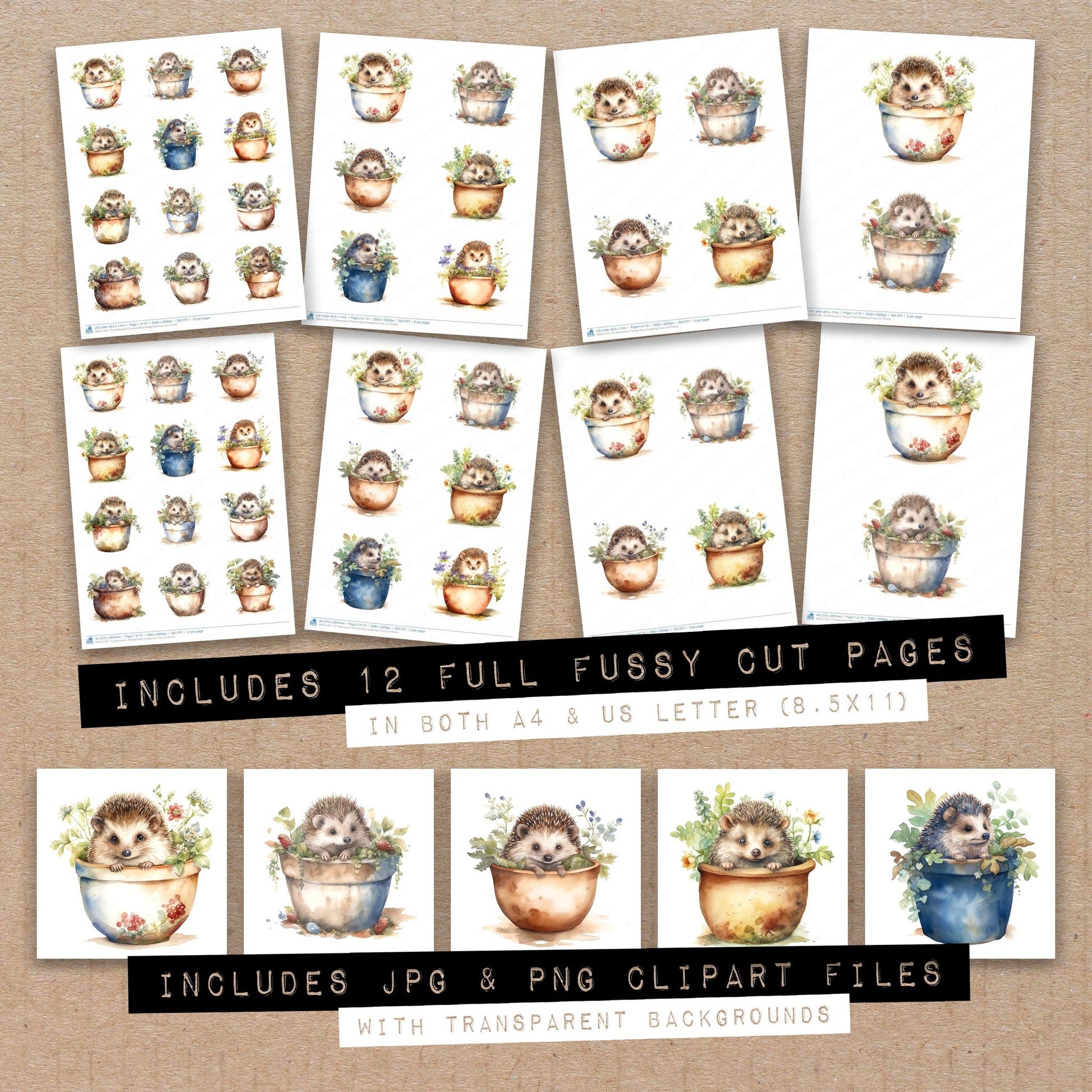 Full collection view of Watercolour Plantpot Baby Hedgehog fussy cut sheets with bonus clipart JPG and PNG files