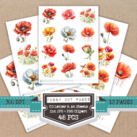 Watercolour Poppy fussy cut printable sheets for junk journaling, scrapbooking, and paper craft projects