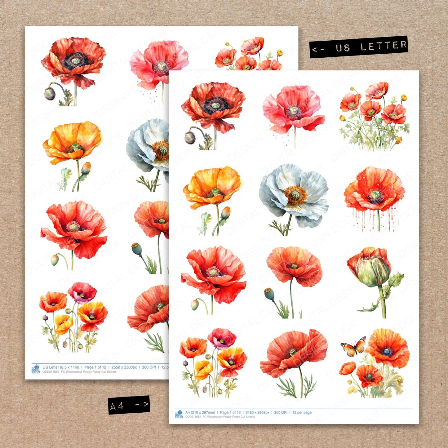 A4 and US Letter format comparison showing Watercolour Poppy fussy cut pages for print and cut crafting