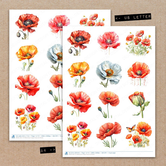 A4 and US Letter format comparison showing Watercolour Poppy fussy cut pages for print and cut crafting