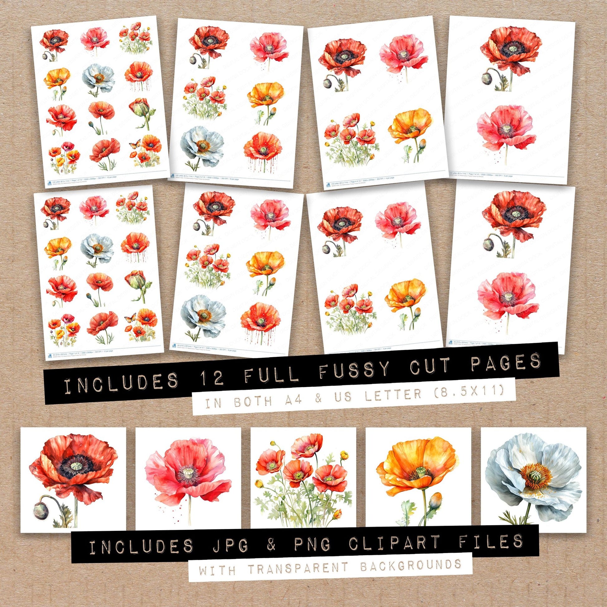 Full collection view of Watercolour Poppy fussy cut sheets with bonus clipart JPG and PNG files