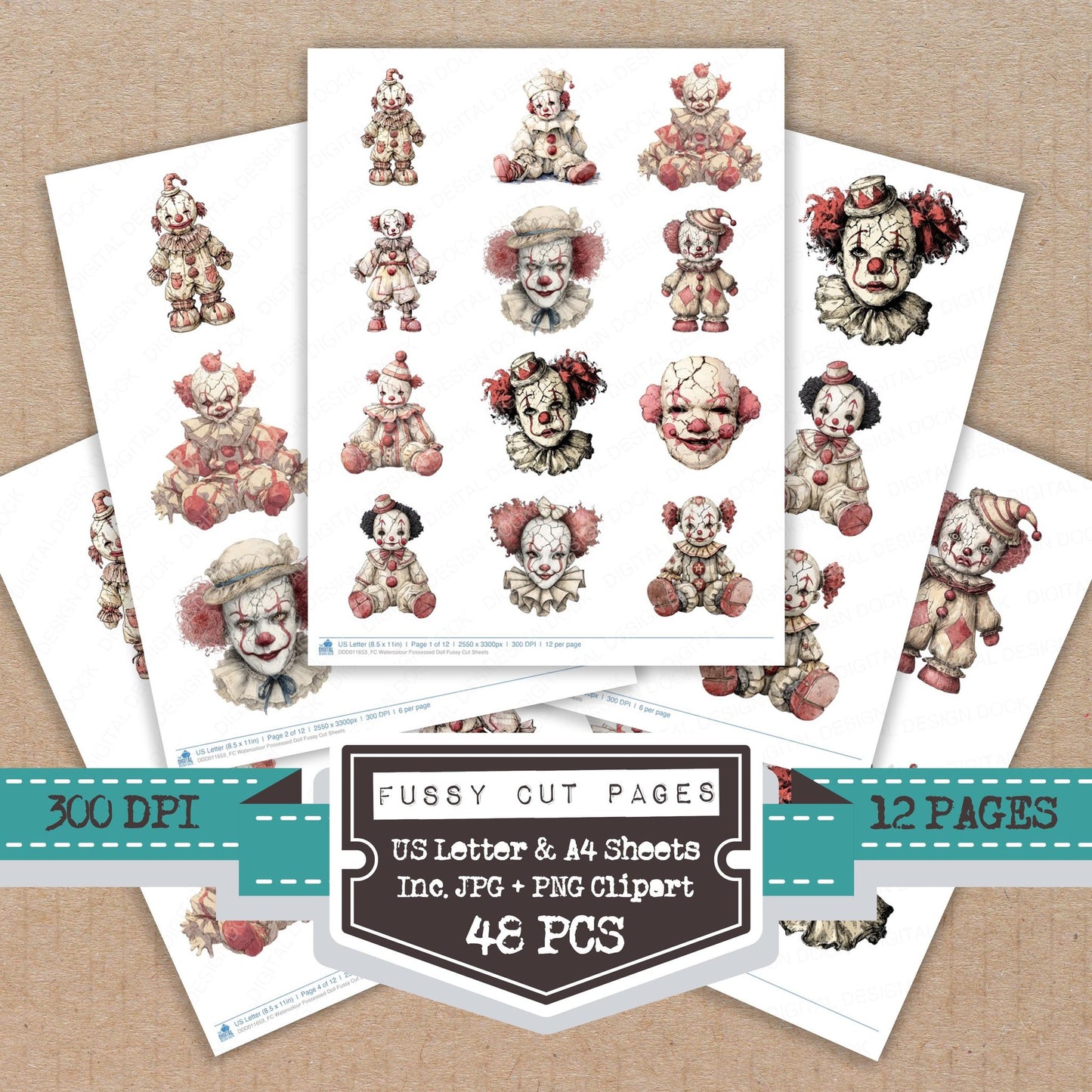 Watercolour Possessed Doll fussy cut printable sheets for junk journaling, scrapbooking, and paper craft projects