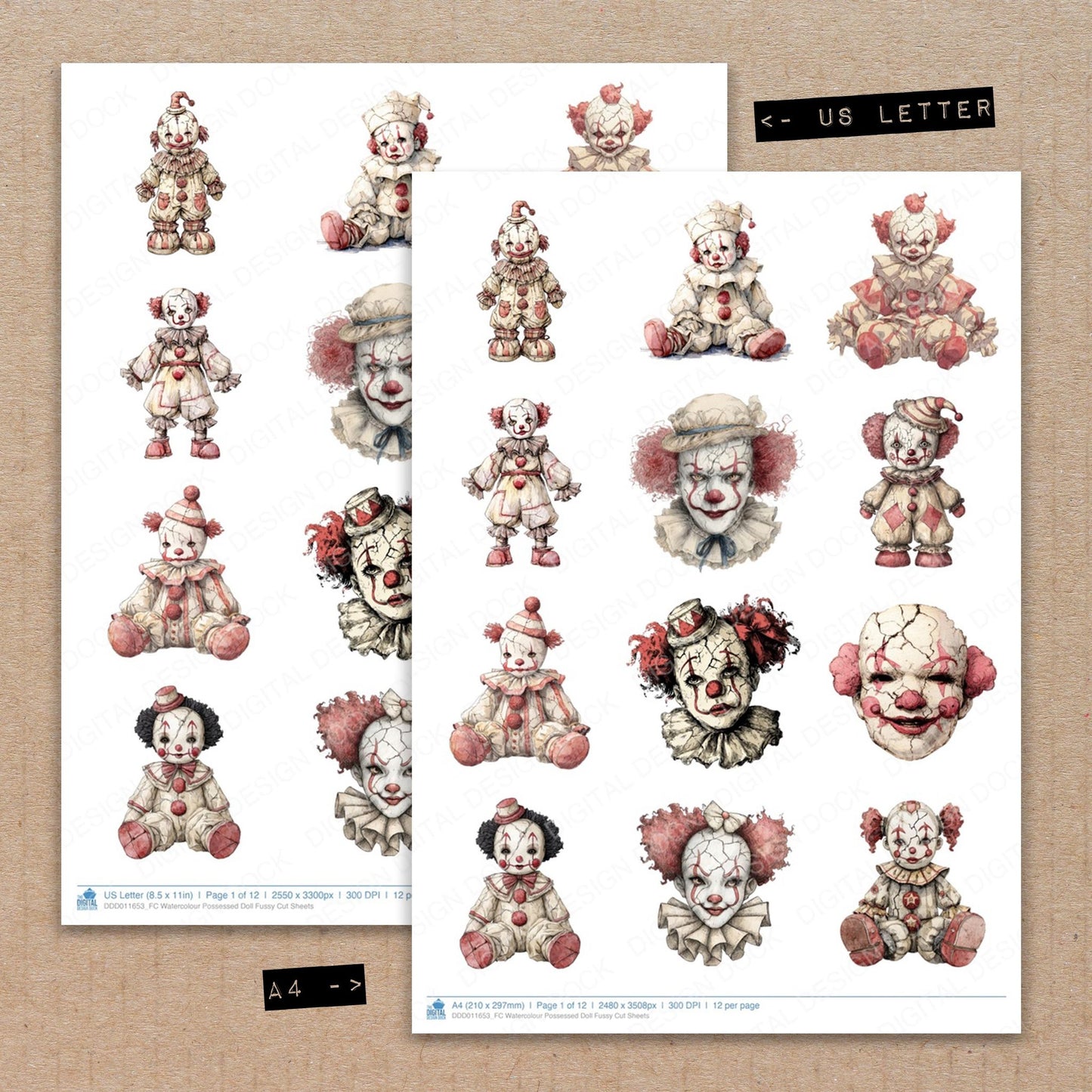 A4 and US Letter format comparison showing Watercolour Possessed Doll fussy cut pages for print and cut crafting