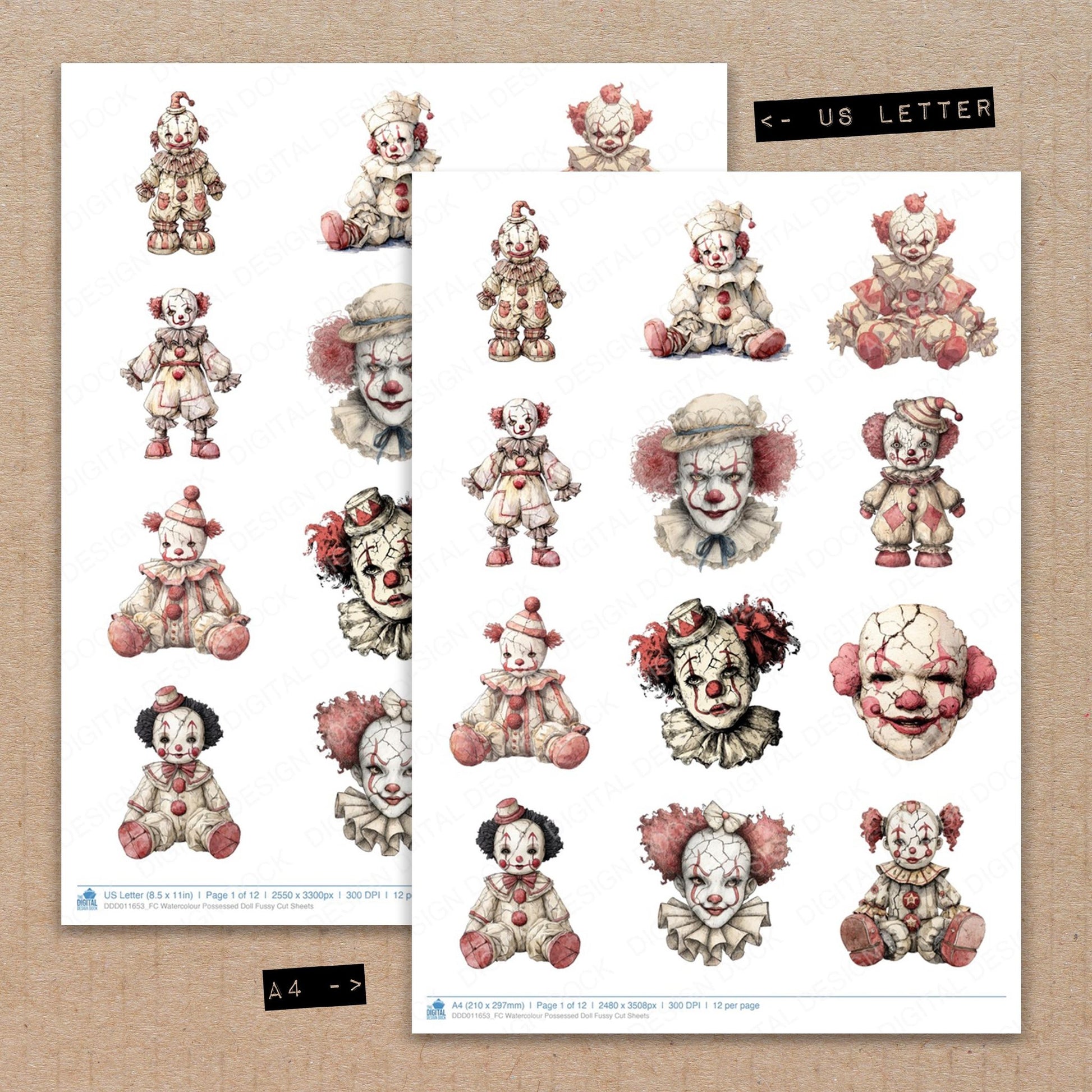 A4 and US Letter format comparison showing Watercolour Possessed Doll fussy cut pages for print and cut crafting