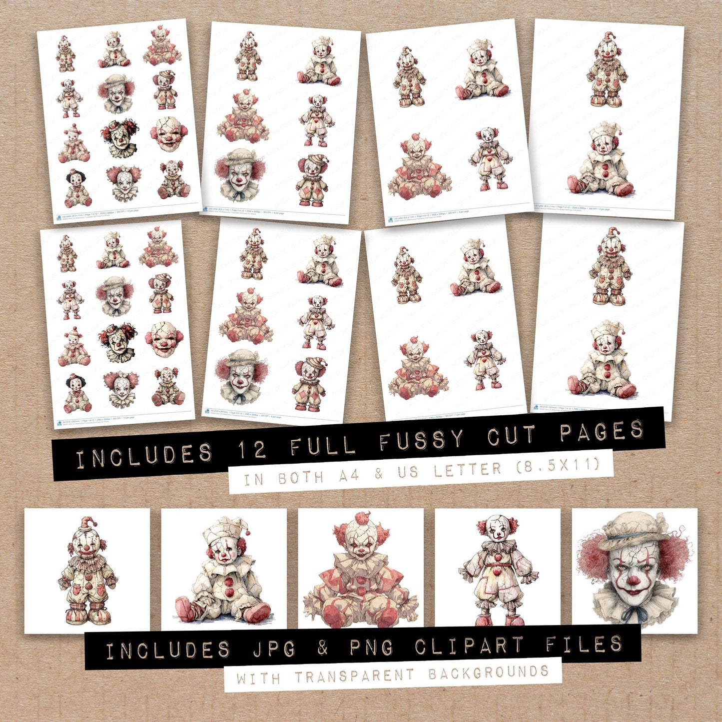 Full collection view of Watercolour Possessed Doll fussy cut sheets with bonus clipart JPG and PNG files