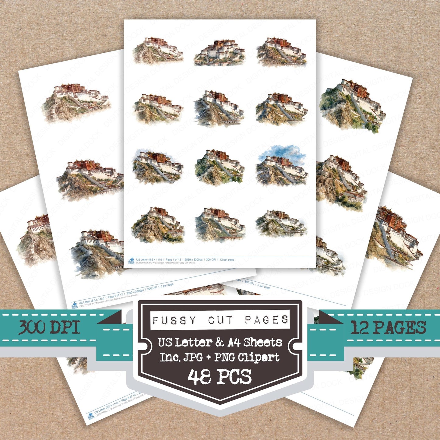 Watercolour Potala Palace fussy cut printable sheets for junk journaling, scrapbooking, and paper craft projects