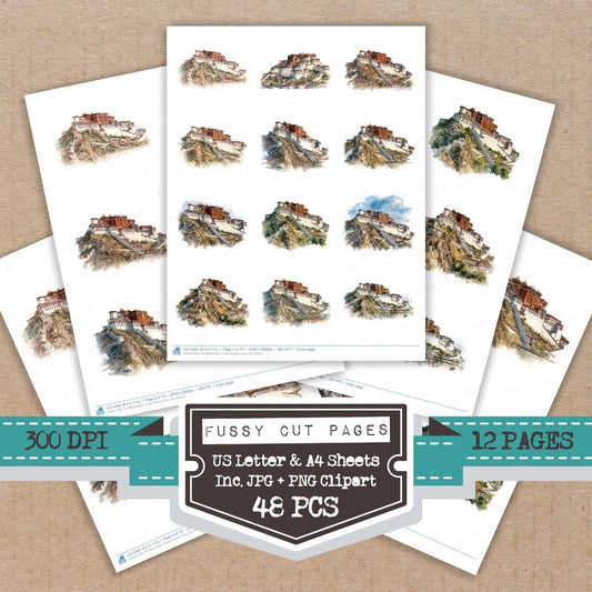 Watercolour Potala Palace fussy cut printable sheets for junk journaling, scrapbooking, and paper craft projects