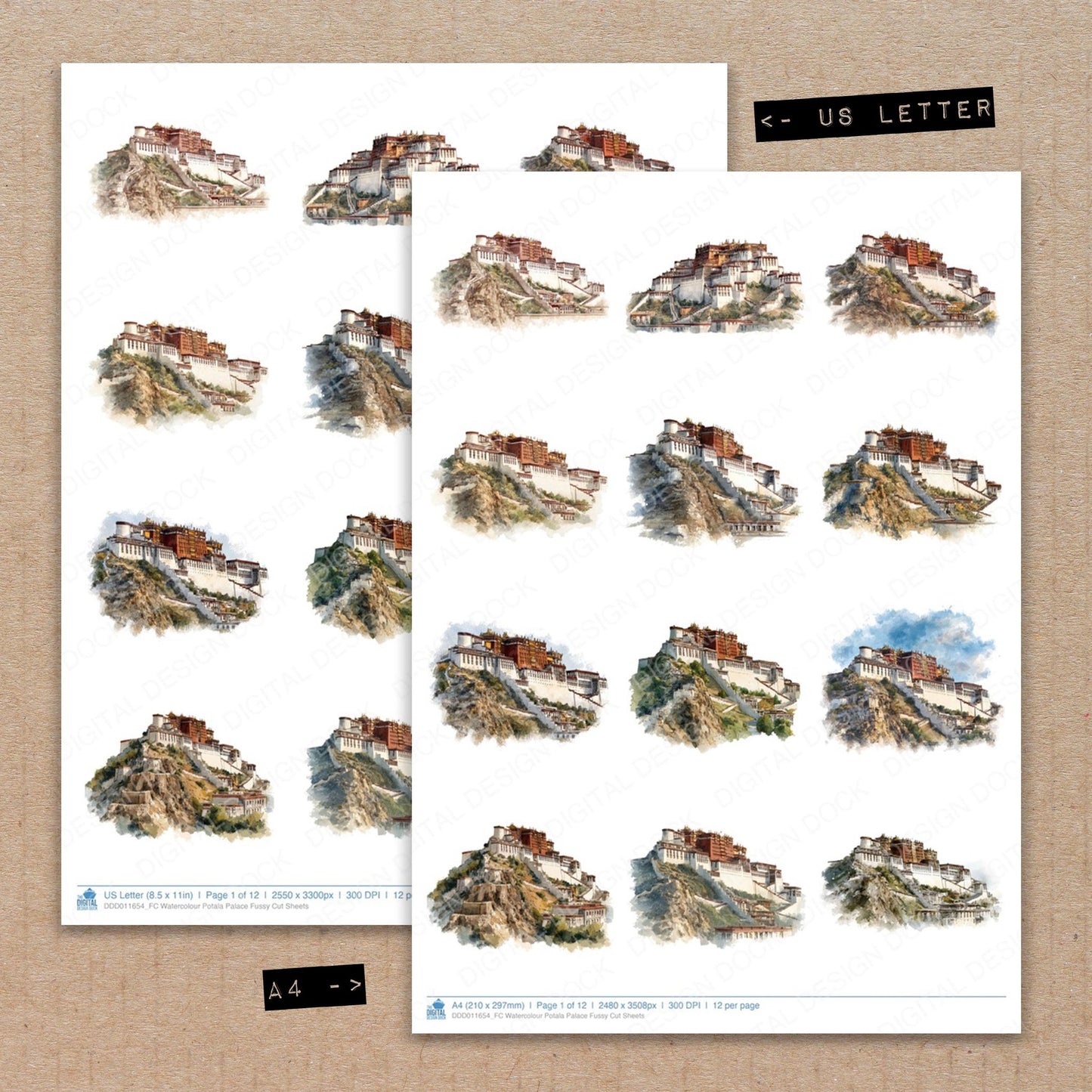 A4 and US Letter format comparison showing Watercolour Potala Palace fussy cut pages for print and cut crafting