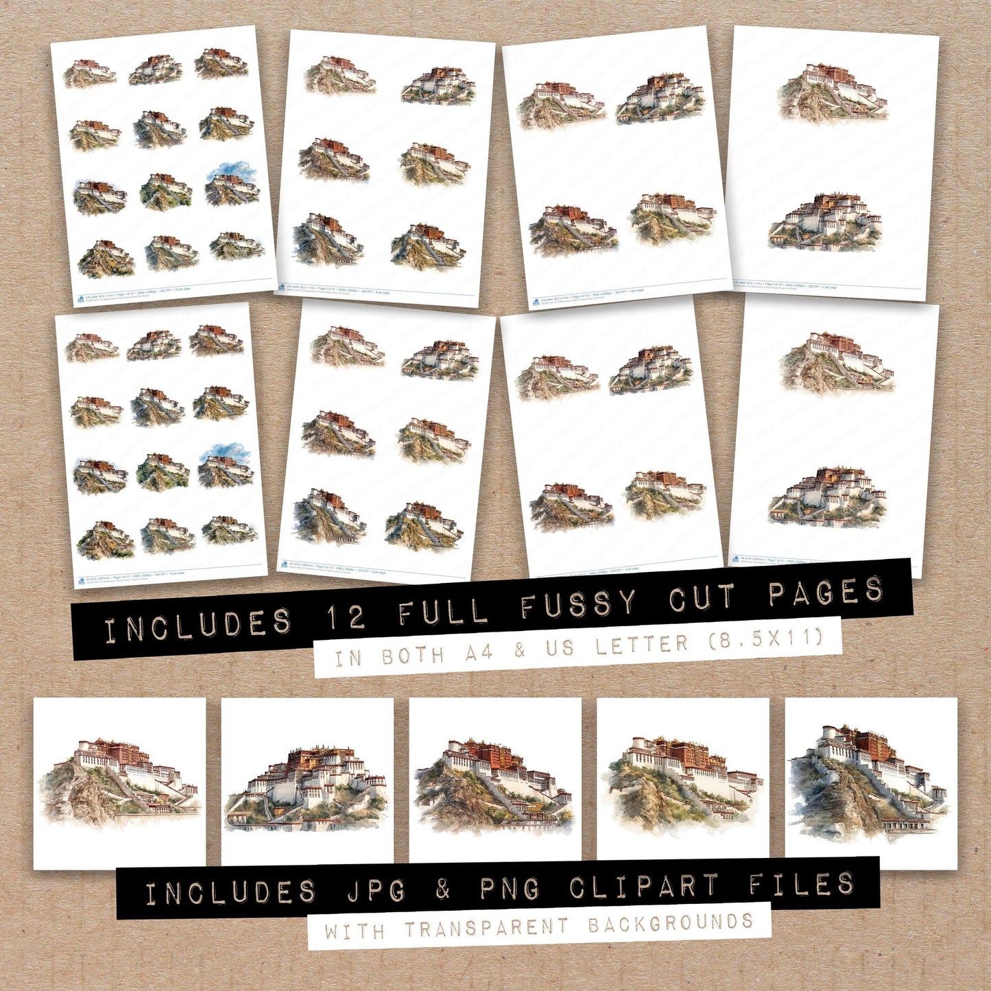 Full collection view of Watercolour Potala Palace fussy cut sheets with bonus clipart JPG and PNG files