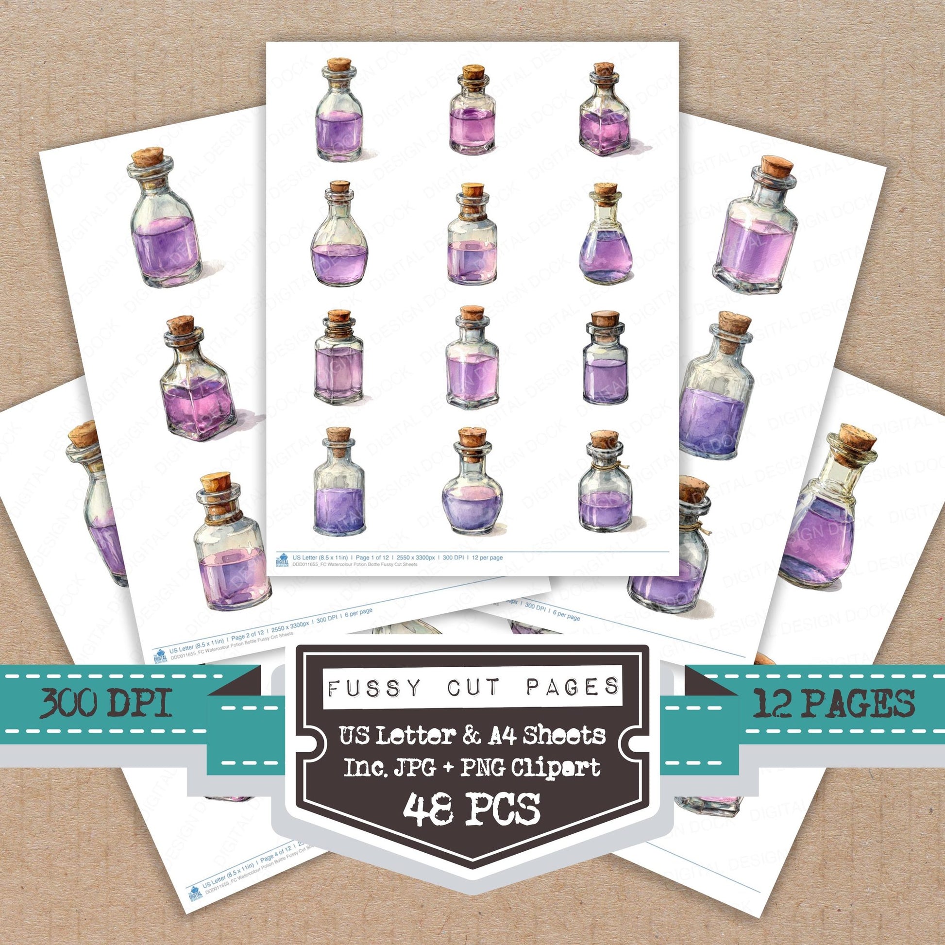 Watercolour Potion Bottle fussy cut printable sheets for junk journaling, scrapbooking, and paper craft projects