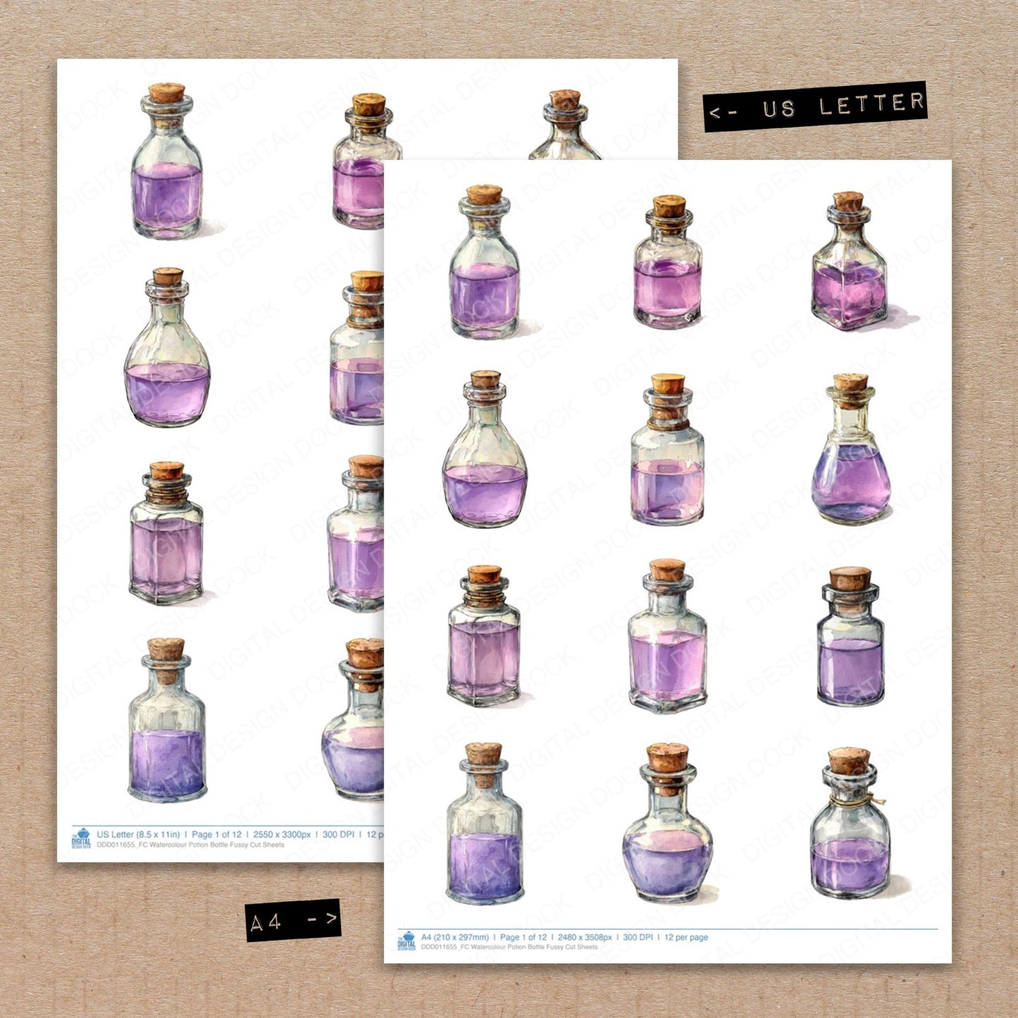 A4 and US Letter format comparison showing Watercolour Potion Bottle fussy cut pages for print and cut crafting