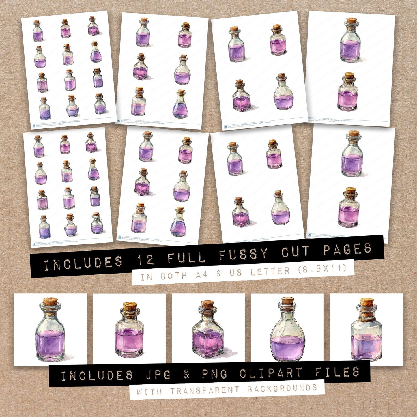 Full collection view of Watercolour Potion Bottle fussy cut sheets with bonus clipart JPG and PNG files
