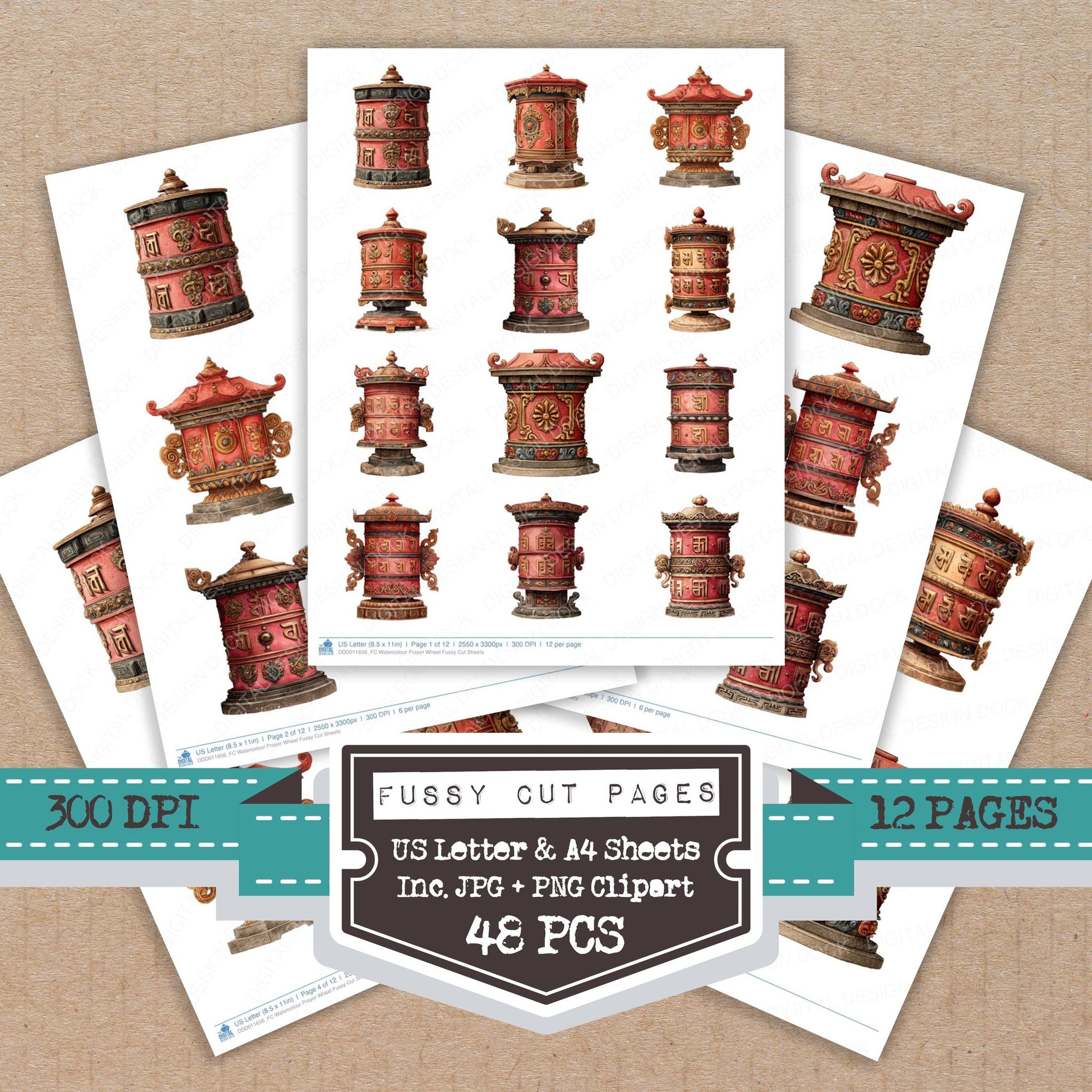 Watercolour Prayer Wheel fussy cut printable sheets for junk journaling, scrapbooking, and paper craft projects