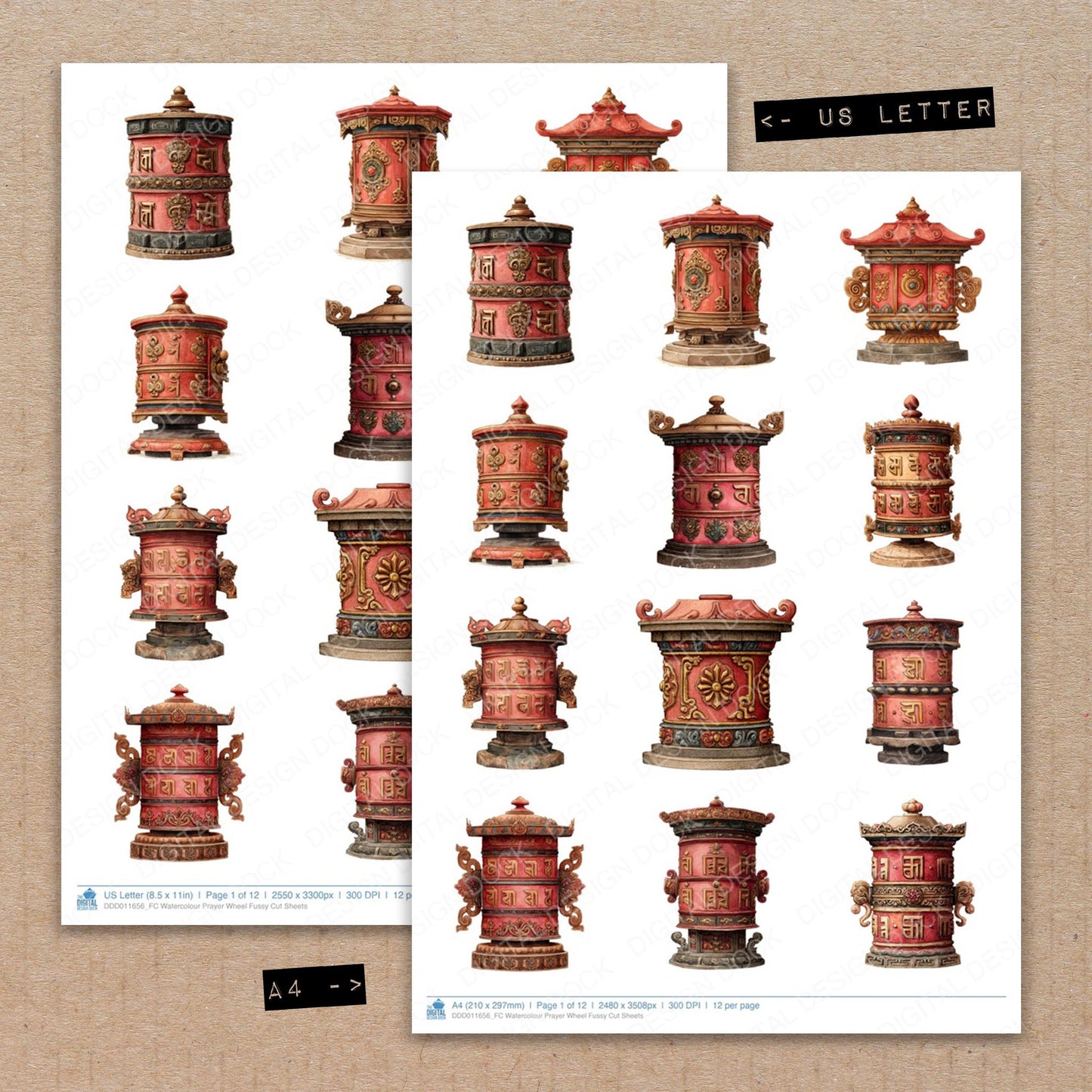 A4 and US Letter format comparison showing Watercolour Prayer Wheel fussy cut pages for print and cut crafting