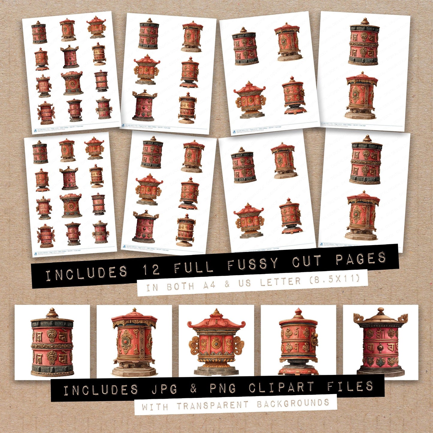 Full collection view of Watercolour Prayer Wheel fussy cut sheets with bonus clipart JPG and PNG files