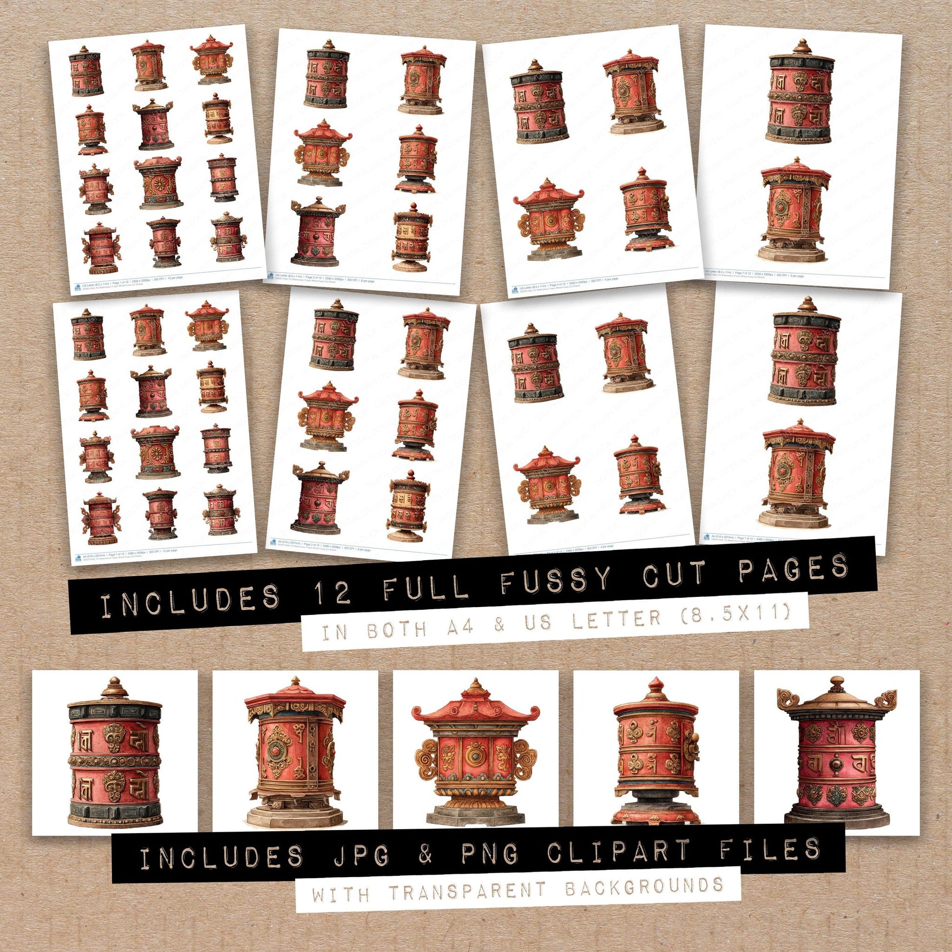 Full collection view of Watercolour Prayer Wheel fussy cut sheets with bonus clipart JPG and PNG files
