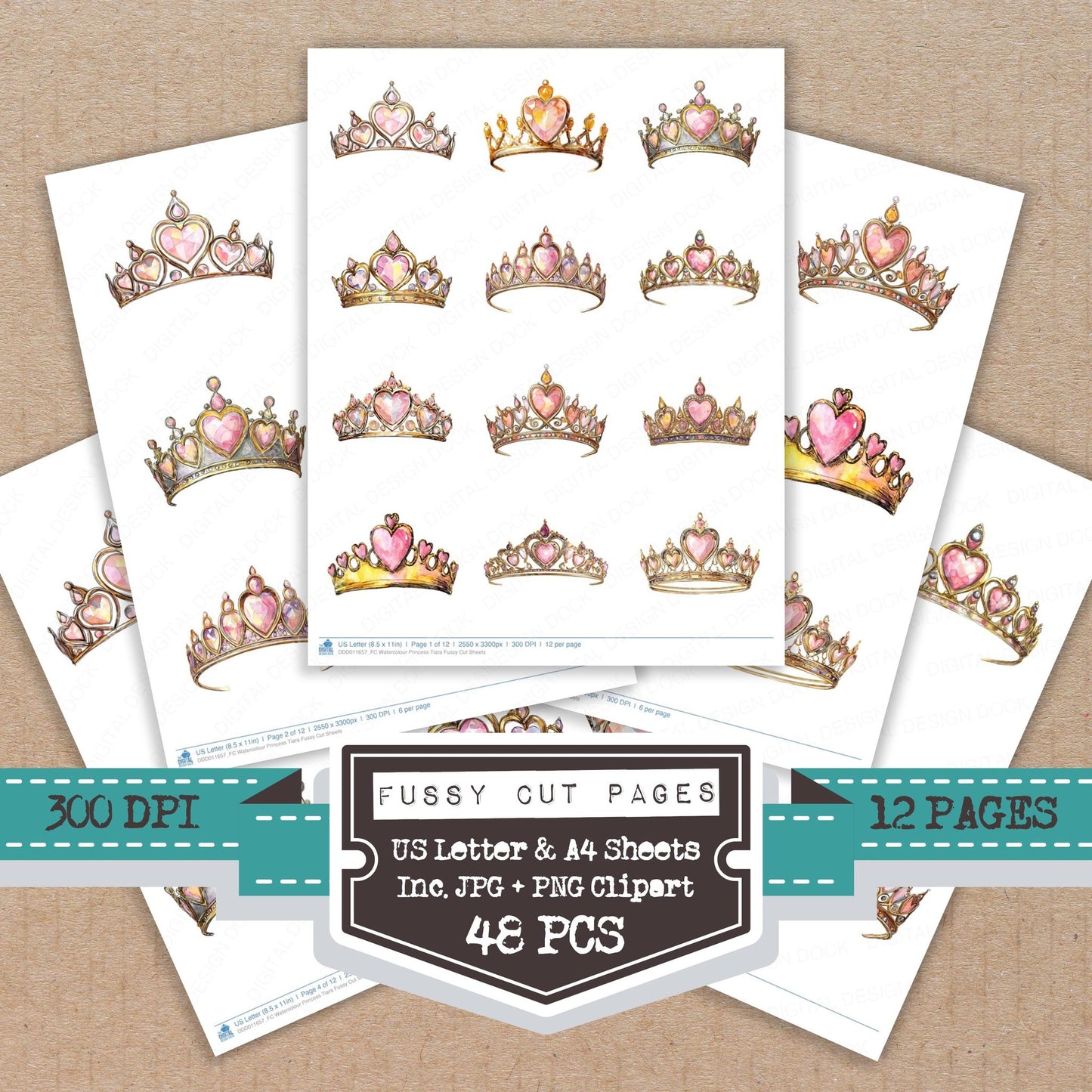 Watercolour Princess Tiara fussy cut printable sheets for junk journaling, scrapbooking, and paper craft projects