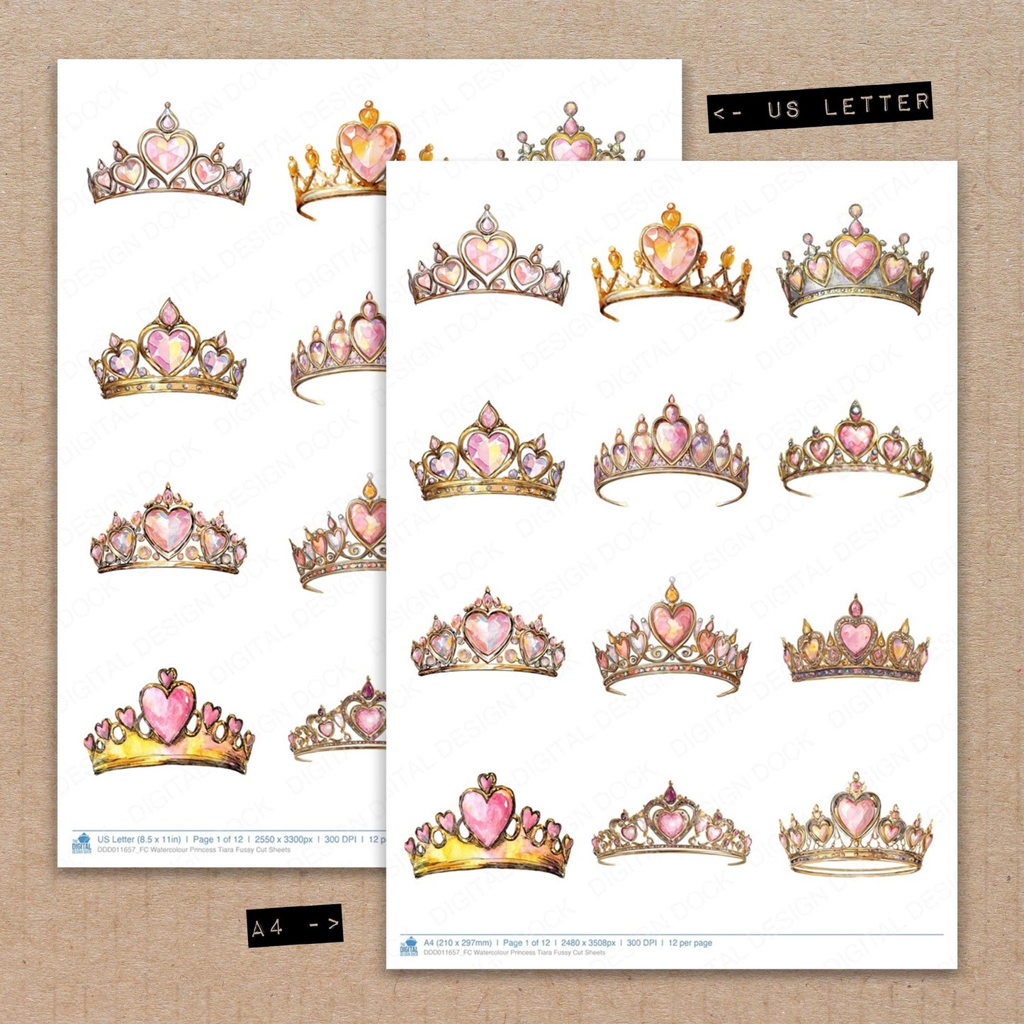 A4 and US Letter format comparison showing Watercolour Princess Tiara fussy cut pages for print and cut crafting