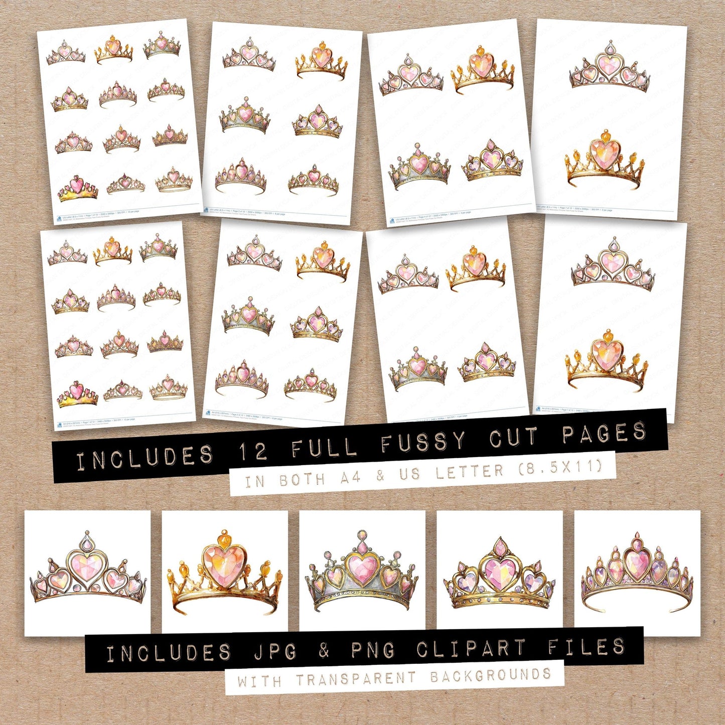 Full collection view of Watercolour Princess Tiara fussy cut sheets with bonus clipart JPG and PNG files